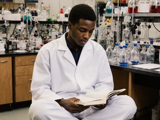 10대 후반의 차분하고 집중한 흑인 남성이 화이트 코트를 입고 실험 장비를 착용한 모습의 반신 사진. 그는 크로스 레그로 앉아 실험 노트를 들여다보고 있으며, 다양한 실험 기구와 화학 용액이 가득한 실험실에 둘러싸여 있어 과학적 탐구와 창의성의 분위기를 연출하고 있습니다.
