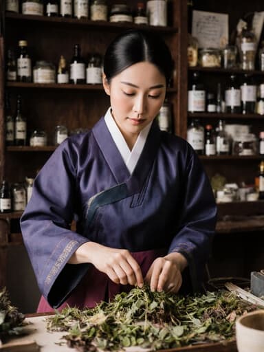 30대 유럽계 여성이 전통 한복을 입고 한의원에서 한약재를 손질하며 요리하는 모습의 반신 촬영. 무표정의 그녀는 다양한 한약재와 도구들이 진열된 고요한 환경 속에서 집중하는 모습을 보여줍니다.