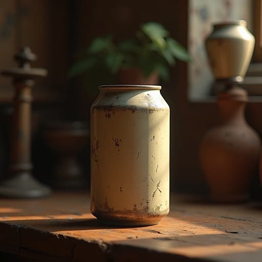 빈티지 음료 캔이 오래된 나무 테이블 위에 놓여 있고 주위는 앤티크 장식으로 둘러싸여 있으며 따뜻하고 아늑한 분위기입니다.