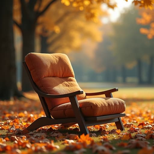 고요한 공원에 떨어진 낙엽에 둘러싸인 라운지 체어, 고요하고 초대하는 가을의 기분.