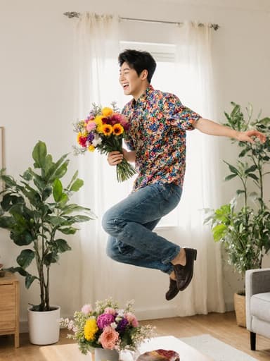 20대 한국인 남성이 화려한 꽃무늬 셔츠와 청바지를 입고 꽃다발을 들고 점프하며 행복하게 웃고 있는 모습이 밝고 아늑한 거실에서 꽃 장식과 식물들로 꾸며져 있어 자유롭고 즐거운 분위기를 자아냅니다.
