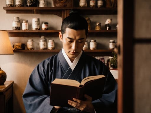 30대 아시아계 남성이 전통 한복을 입고 책을 들고 우아한 표정을 지으며 전통 한의원 안에서 집중하고 있는 모습, 한약재와 전통 소품들로 가득한 아늑한 환경을 배경으로 한 반신 사진.