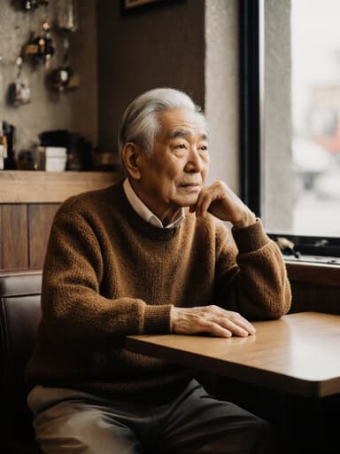80대 한국인 남성이 따뜻한 색상의 스웨터와 편안한 바지를 입고 카페 테이블에 손을 올리고 기다리는 모습의 반신 사진. 외로운 표정을 지으며 창가에 앉아 주변을 바라보는 아늑한 카페 내부에서의 모습은 차분하고 성찰적인 분위기를 자아냅니다.