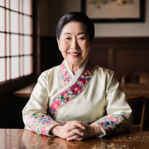 70대 한국인 여성이 전통 한복을 입고 있는 반신 사진으로, 화려한 자수와 고운 색감이 돋보입니다. 그녀는 따뜻한 미소와 고마운 표정을 지으며, 두 손을 가슴 앞에 모아 인사하는 자세를 취하고 있습니다. 배경은 아늑한 카페 내부로, 장식된 나무 테이블과 부드러운 조명이 어우러져 따뜻한 분위기를 자아냅니다.