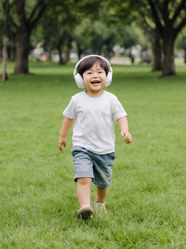 귀여운 외모를 가진 3세 아시아계 남성이 편안한 티셔츠와 반바지를 입고, 음악이 흘러나오는 이어폰을 착용한 채 즐겁게 공원에서 걷고 있는 모습의 전신 사진입니다. 배경은 푸른 잔디와 나무로 가득 차 있어 그의 장난기 가득한 표정과 잘 어울리는 생기 넘치는 분위기를 만들어냅니다.