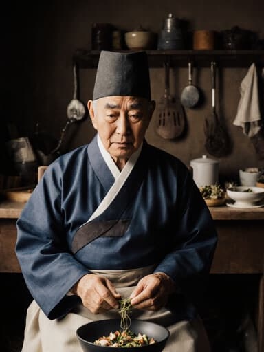 이미지에는 전통 한복을 입고 의자에 앉아 걱정스러운 표정을 짓고 있는 70대 한국인 남성이 담겨 있습니다. 그는 전통 음식을 만들기 위한 재료를 손에 들고 있으며, 주변에는 다양한 요리 도구와 재료들이 놓인 아늑한 주방이 있어 따뜻하고 진정한 분위기를 만들어냅니다.