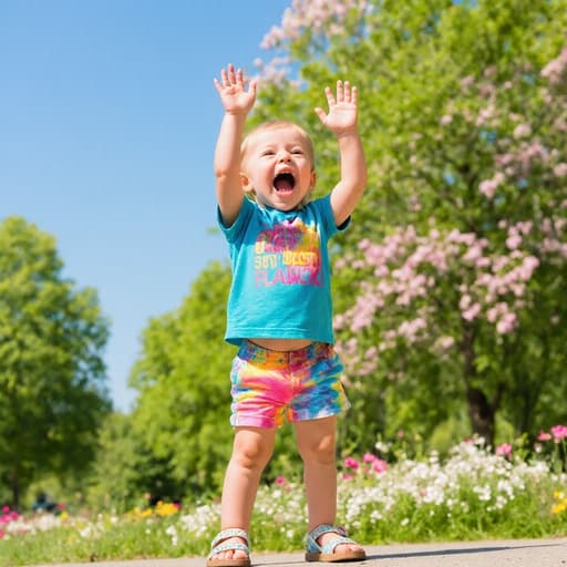 화사한 옷을 입고 밝은 표정을 지은 3세의 유럽계 소녀가 푸르른 공원에서 인사하며 장난스럽게 포즈를 취한 모습의 매력적인 반신 촬영입니다.
