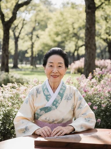 80대 혼혈 여성의 반신 촬영으로, 전통 한복을 입고 테이블에 앉아 전통 악기를 들며 차분한 미소를 짓고 있는 모습이 아름다운 공원 배경과 함께 평화롭고 문화적인 풍요로움을 강조하고 있습니다.