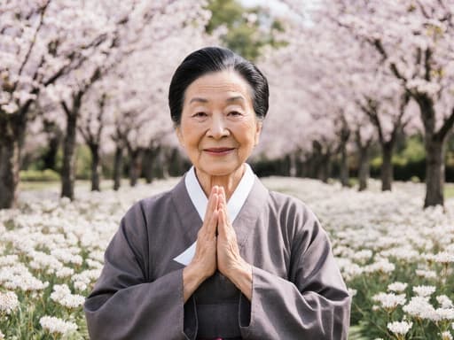 이 이미지는 80대 아시아계 여성이 전통 한복을 입고, 아름다운 꽃들이 만개한 그림 같은 공원에서 따뜻하게 미소 지으며 손을 모아 인사하는 모습을 담고 있습니다. 평화롭고 문화적으로 풍부한 순간을 구현하고 있습니다.