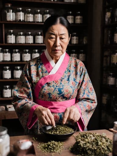 전통 한복을 입고 있는 60세 아시아계 여성의 반신상 사진. 그녀는 무관심한 표정으로 한약재를 조리하고 있으며, 다양한 한약재와 도구가 배열된 전통 한약 조제실에서 편안하고 문화적으로 풍부한 분위기를 자아내고 있습니다.