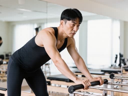 40대 건강한 한국 남성이 편안한 필라테스 레깅스를 입고 밝고 현대적인 스튜디오에서 필라테스 기구를 조작하며 집중력을 유지하는 모습을 보여줍니다.