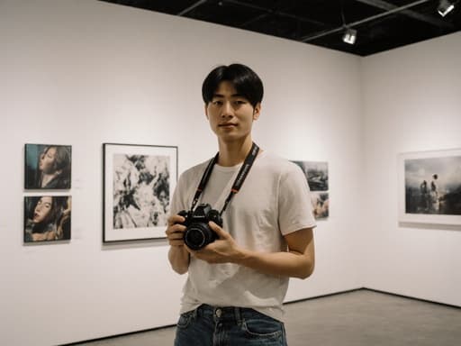 20대 아시아계 남성이 편안한 티셔츠와 청바지를 입고 반신 사진으로 촬영되었습니다. 그는 카메라를 들고 사진을 찍으려는 자세를 취하며 편안한 표정을 짓고 있습니다. 그의 뒤에는 다양한 사진 작품들이 전시된 현대적인 전시 공간이 있어 전체적인 분위기를 더욱 매력적으로 만들어줍니다.