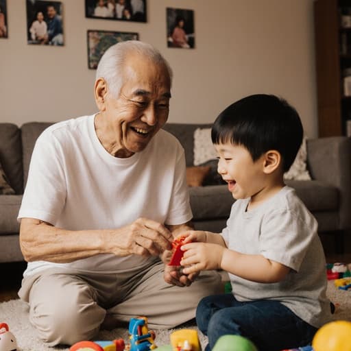 70대의 동양인 남성이 편안하게 거실 바닥에 앉아 손자와 함께 놀고 있는 모습의 반신 샷입니다. 그는 편안한 티셔츠와 면바지를 입고 있으며, 여유롭고 행복한 표정을 짓고 있습니다. 거실 배경에는 가족 사진과 장난감들이 놓여 있어 따뜻하고 아늑한 분위기를 자아냅니다.