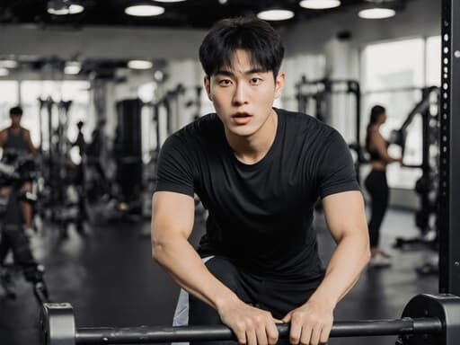 체육관 내부에서 운동 기구와 상호작용하며 약간 당황한 표정을 짓고 있는 건강한 한국인 남성 10대 후반의 반신 사진.