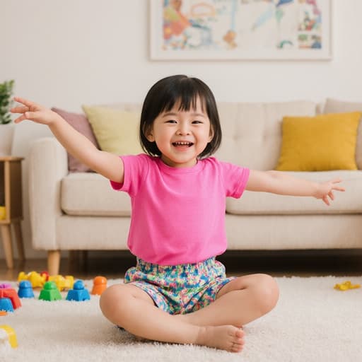 밝고 아늑한 거실 바닥에 앉아 있는 귀여운 3세 아시아계 여성의 반신 사진. 화사한 색상의 티셔츠와 편안한 반바지를 착용하고 있으며, 활발하고 즐거운 표정을 지으며 팔을 벌려 춤을 추는 모습이 장난감과 쿠션으로 둘러싸인 유쾌한 분위기를 더해준다.