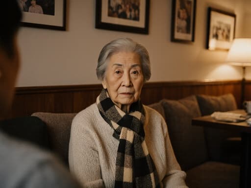80대 동양인 여성이 자연스러운 모습으로 아늑한 카페의 소파에 앉아 있는 반신 사진. 그녀는 편안한 니트 스웨터와 체크무늬 스카프를 착용하고, 커피 컵을 들고 가족 사진을 바라보며 걱정스러운 표정을 짓고 있다. 그녀의 표정은 가족에 대한 사랑과 걱정을 담고 있다.