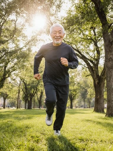 70대 아시아계 남성이 은발과 자연스러운 주름을 지닌 모습으로, 편안한 운동복과 운동화를 입고 푸른 공원에서 달리고 있습니다. 그의 행복한 표정은 가족과의 소중한 순간을 즐기고 있는 모습을 반영하며, 나무와 잔디로 둘러싸인 평화로운 풍경 속에 있습니다.