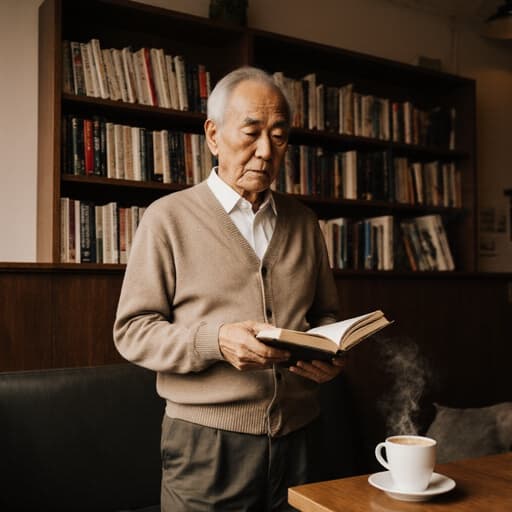 이 이미지는 아늑한 카페에서 책을 편안히 들고 있는 70대 아시아 남성을 담고 있습니다. 그는 편안한 카디건과 바지를 입고 있으며 가벼운 운동화를 신고 있습니다. 무관심한 표정을 지으며 여유로운 분위기를 느끼게 합니다. 책장과 커피 한 잔이 있는 따뜻한 카페의 분위기가 장면을 더욱 매력적으로 만들어 줍니다.