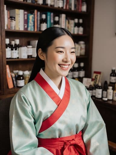 화려한 한복을 입은 혼혈의 10대 소녀가 전통 한의원에서 상담을 받으며 행복하게 앉아 있습니다. 아늑한 배경은 잘 정리된 한의서와 약재들로 가득 차 있어 문화유산과 웰빙의 본질을 강조하는 따뜻하고 초대하는 분위기를 만들어냅니다.