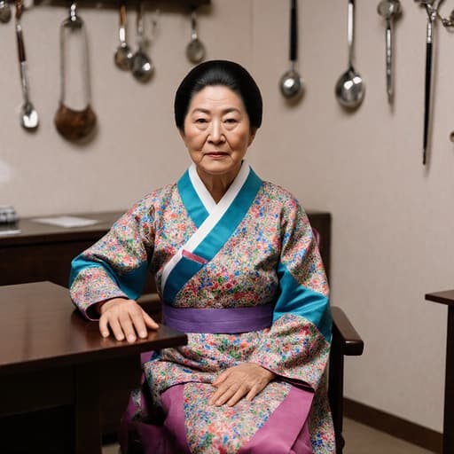 전통 한복을 입은 60대 아프리카계 여성의 반신 사진으로, 다리를 뻗고 상담 테이블에 손을 올리며 긴장한 표정으로 상담을 하고 있는 모습. 차분한 색조의 전통 한의원 내부와 한의학 기구들이 배치된 배경이 어우러져 있다.