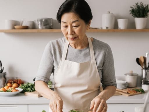 60대 한국인 여성이 편안한 주방용 앞치마와 간편한 옷차림을 입고 무관심한 표정을 지으며 주방에서 빠르게 움직이며 재료를 준비하는 모습의 반신 사진입니다. 배경의 깨끗한 조리대와 잘 정리된 식기류가 주방의 아늑한 분위기를 강조합니다.
