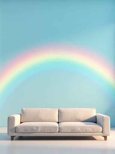 무지개가 뜬 맑은 하늘 아래 소파, 차분하고 기분 좋은 분위기.