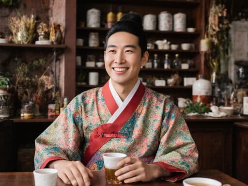 30대 아시아계 남성이 전통 한복을 입고, 카페 테이블에 앉아 차를 한 손에 들고 미소를 지으며 따뜻하고 아늑한 한의원 내부에서 즐거운 분위기를 자아내고 있습니다.