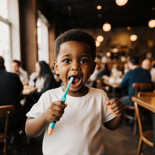 배고픈 표정을 지닌 3세 흑인 남자아이의 매력적인 반신 사진. 그는 편안한 티셔츠와 반바지를 입고 있으며, 두 손으로 칫솔을 잡고 있습니다. 아늑한 카페의 배경은 테이블과 의자, 커피 머신으로 가득 차 있어 어린이의 치아 위생 주제를 따뜻하고 매력적인 분위기로 강조합니다.
