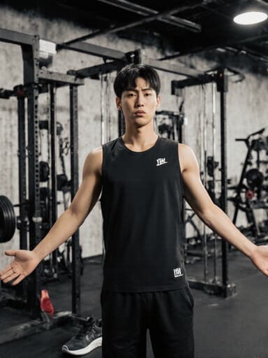 운동복을 입고 있는 10대 후반 아시아계 남성 모델의 전신 사진으로, 운동 센터의 훈련 공간에 서 있습니다. 그는 당황한 표정을 지으며 팔을 살짝 벌리고 몸을 약간 앞으로 기울인 모습이며, 다양한 운동 기구가 배치되어 있는 환경이 역동적인 분위기를 더욱 강조합니다.
