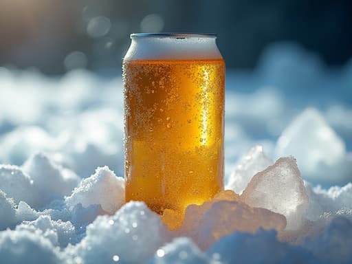 차가운 맥주 캔이 결빙된 얼음 표면에 놓여 있고, 주변에는 반짝이는 얼음 결정들이 있으며, 시원하고 상쾌한 겨울 분위기입니다.