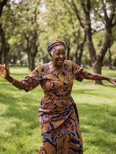 80대의 흑인 여성이 화려한 전통 아프리카 드레스를 입고, 만족스러운 표정을 지으며 푸른 잔디와 나무들로 둘러싸인 공원에서 즐겁게 춤추고 있는 모습의 전체 신체 사진, 전통 음악과 문화의 정수를 담고 있습니다.