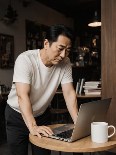 40대 아시아계 남성이 편안한 티셔츠와 바지를 입고, 당황한 표정을 지으며 노트북을 바라보며 스트레칭하는 반신 샷입니다. 아늑한 카페 배경에는 커피잔과 책들이 놓인 테이블이 있어 따뜻하고 초대하는 분위기를 자아냅니다.