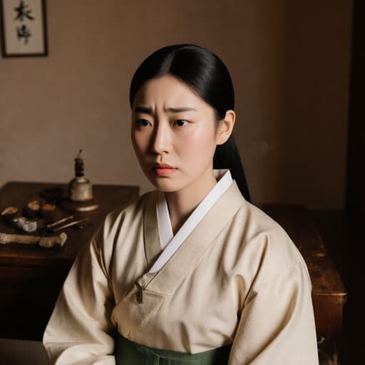 10대 초반의 백인 소녀가 전통 한복을 입고 아늑한 한의원 의자에 앉아 침 치료를 받기 위해 걱정스러운 표정을 짓고 있습니다. 배경은 뜸이 놓인 테이블이 있는 따뜻하고 초대하는 분위기로, 치유의 환경을 강조합니다.