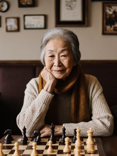 아늑한 카페에서 체스판을 응시하는 80대 동양인 여성의 반신 샷. 편안한 니트 스웨터와 따뜻한 스카프를 착용한 그녀는 피곤한 표정에 약간의 미소를 띠고 있으며, 체스와 관련된 장식이 걸린 카페의 분위기 속에서 사색과 여유를 전달합니다.