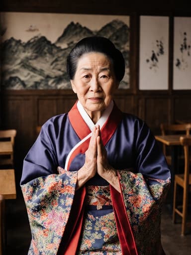 80대 동양인 여성이 화려한 전통 한복을 입고 걱정스러운 표정을 지으며 두 손을 모아 인사하는 모습의 반신 샷입니다. 아늑한 카페 내부에는 나무 가구와 전통 예술 작품이 있어 따뜻한 분위기를 연출하며 그녀의 감정 깊이와 문화 유산을 강조하고 있습니다.