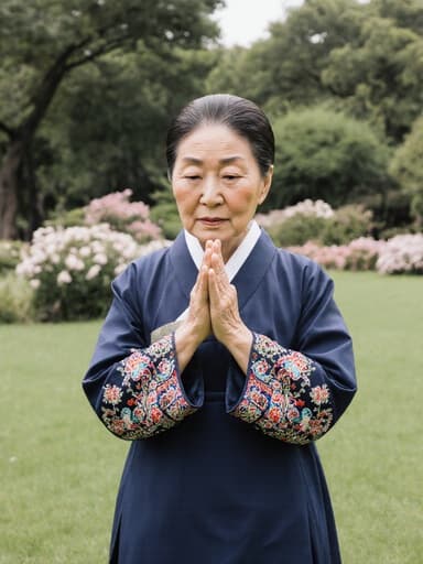 70대 한국인 여성이 화려한 자수가 돋보이는 전통 한복을 입고, 자연스럽고 온화한 외모를 가진 반신 촬영. 외롭고 쓸쓸한 표정을 지으며 두 손을 모아 인사하는 자세로 고개를 살짝 숙이고 있으며, 아름다운 나무와 꽃들이 있는 공원에서 잔디밭에 앉아 있는 모습.