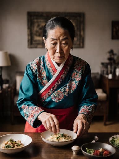 70대 한국인 여성이 화려한 자수가 있는 전통 한복을 입고 요리를 준비하는 모습의 반신 촬영. 배경에는 전통 한국식 가구가 배치된 아늑한 거실이 있어 장면의 따뜻함과 향수를 더해줍니다.