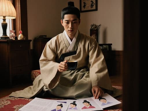 이 이미지는 20대 아시아계 남성이 편안한 전통 한복을 입고 따뜻한 조명이 비치는 아늑한 침실 바닥에 앉아 차를 마시며 체질 분석 자료를 살펴보고 있는 모습을 보여줍니다. 우아하고 집중한 표정이 아늑하고 문화적으로 풍부한 분위기 속에 잘 어우러져 있습니다.