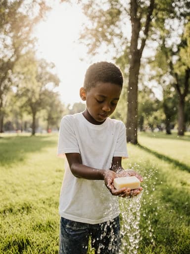 푸른 공원에서 손 씻는 방법을 시연하는 7세 아프리카계 남성의 전신 사진으로, 편안한 복장을 입고 약간 피곤한 표정을 짓고 있는 모습입니다.