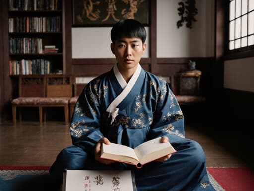 이미지에는 전통 한복을 입고 있는 10대 초반의 흑인 남성이 한국 전통 한의학 연구소의 대기실에서 크로스 레그로 앉아 한의학 서적을 들고 긴장하고 집중하는 표정을 짓고 있는 모습이 담겨 있으며, 서재 같은 배경이 책장으로 둘러싸여 있습니다.