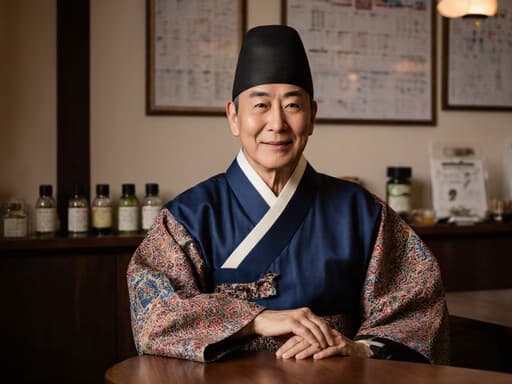 60대 한국인 남성이 우아한 전통 한복을 입고 아늑한 전통 한의원 진료실에 앉아 있습니다. 자연스러운 외모와 함께 자신감 있는 미소를 지으며, 손은 테이블 위에 자연스럽게 놓여 있습니다. 배경에는 한약재와 차트가 있어 전체적인 이미지의 매력을 더하고 있습니다.