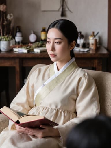 전통 한의원에서 소파에 앉아 있는 10대 후반의 백인 여성의 반신 사진으로, 전통 한복을 입고 한의학 서적을 손에 들고 차분한 표정을 지으며 한약재와 뜸이 놓인 테이블로 둘러싸여 있습니다.