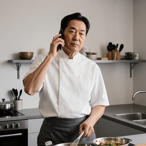 50대 동양인 남성이 편안한 주방용 의상을 입고, 한 손으로 전화기를 귀에 대고 다른 손으로 조리 도구를 잡고 있는 모습의 반신 사진으로, 모던한 주방 배경에 정돈된 주방 용품들이 배치되어 있어 진지한 분위기를 전달합니다.