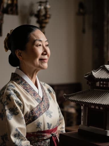 70대 혼혈 여성이 부드러운 패턴의 전통 한복을 입고 따뜻한 미소를 지으며 전통 건축 모형을 바라보는 반신 사진입니다. 고풍스러운 장식이 있는 아늑한 거실에서 편안하고 여유로운 분위기를 자아냅니다.