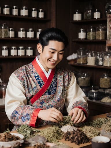전통 한복을 입은 20대 혼혈 남성이 따뜻한 한약 조제실에서 한약 재료를 정리하며 미소짓고 있는 모습입니다. 배경에는 다양한 한약재와 도구들이 배치되어 있습니다.