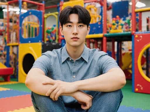 20대 한국인 남성이 캐주얼한 셔츠와 청바지를 입고 어린이 놀이 공간에 앉아 있습니다. 그는 팔짱을 끼고 무관심한 표정을 짓고 있으며, 다양한 장난감으로 가득한 배경이 더해져 있습니다.