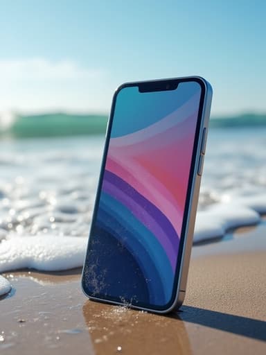 스마트폰, 디지털 기기가 젖은 모래 위에 있고, 배경에 파도가 몰아치고 있으며, 평화롭고 상쾌한 분위기입니다.