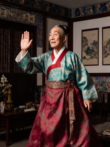 이미지에는 70대의 동양인 남성이 전통적인 한복을 입고 달리는 모습이 담겨 있습니다. 그의 동작은 역동적이며 팔이 자연스럽게 흔들리고 있습니다. 배경은 한국 전통 그림이 걸린 아름답게 장식된 전통적인 거실로, 문화적 풍요로움과 지혜의 분위기를 자아냅니다.