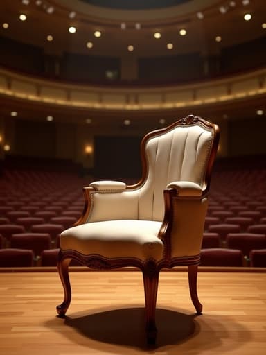 우아한 인테리어 의자, 부드러운 패브릭 업홀스터리와 나무 다리를 가지고 있으며, 클래식 오케스트라 홀 중심에 배치되어 따뜻한 분위기를 연출합니다.