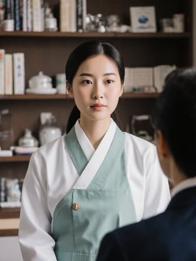 전통 의사 복장을 한 20대 한국인 여성의 반신 사진으로, 전통 한의학 서적과 도구들로 장식된 진료실에서 환자와 상담하며 자신감 넘치는 표정을 짓고 있습니다.